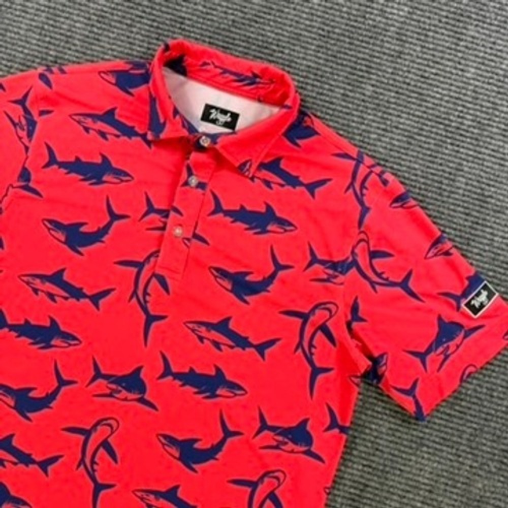 Waggle Golf Polo Shirt Mens Small Red Navy Blue Shark Print Performance Stretch